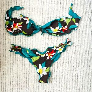 Double Sided Brazilian Bikini Set Turquoise Floral M/L